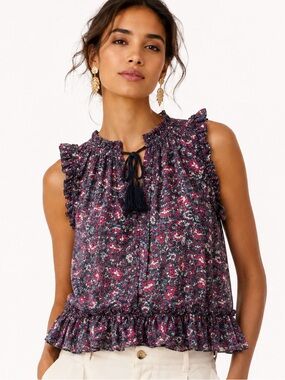 Ulla Johnson Navy and Pink Silk Floral Ruffle Tank, size 2